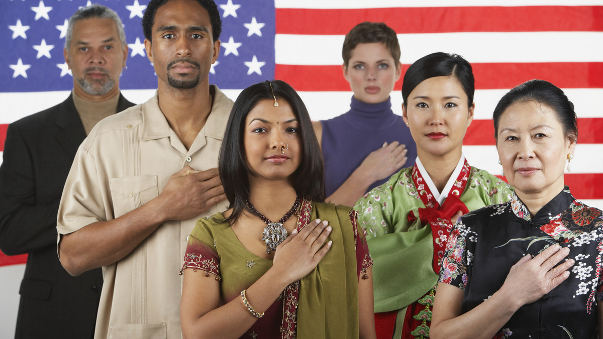 Composite photo immigrants in front of an American flag