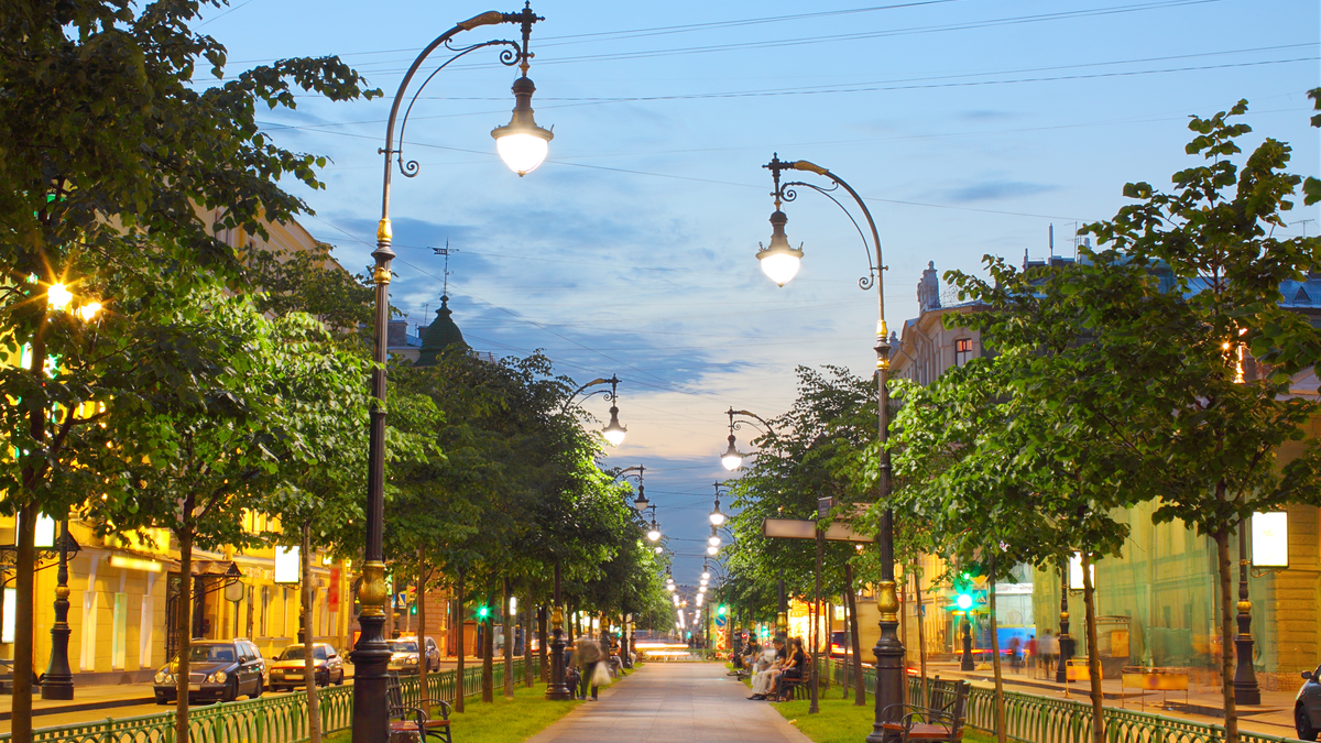 A beautiful city street lined with trees on both sides.