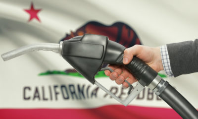 Illustration of gas nozzle in front of California flag
