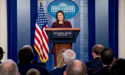 Photo of Sarah Huckabee Sanders speaking during press brief at the White House