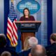 Photo of Sarah Huckabee Sanders speaking during press brief at the White House