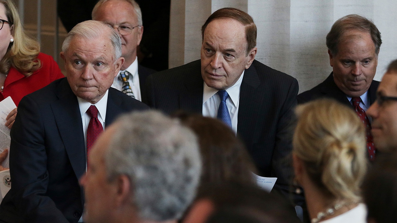 Photo of Attorney General Jeff Sessions, left, U.S. Sen. Richard Shelby, R-Ala., and U.S. Sen. Doug Jones, D-Ala.
