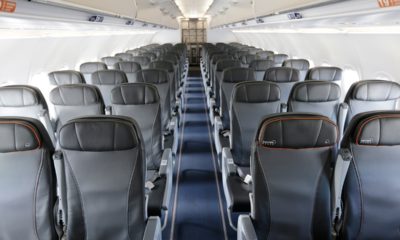Photo of airplane seats inside a commercial airliner at JFK