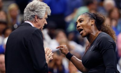 Photo of Serena Williams talking to referee Brian Earley during the women's final of the U.S. Open