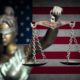 Photo of lady justice and flag background
