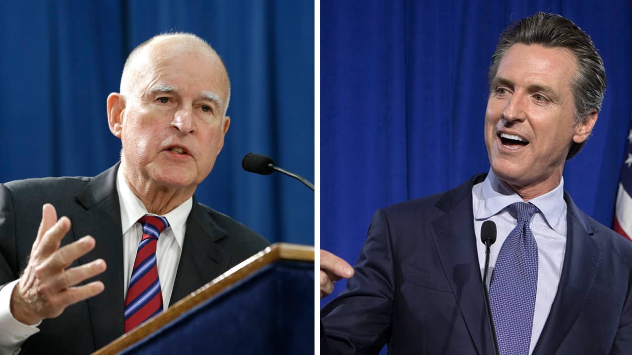 Photo combination of Jerry Brown and Gavin Newsom