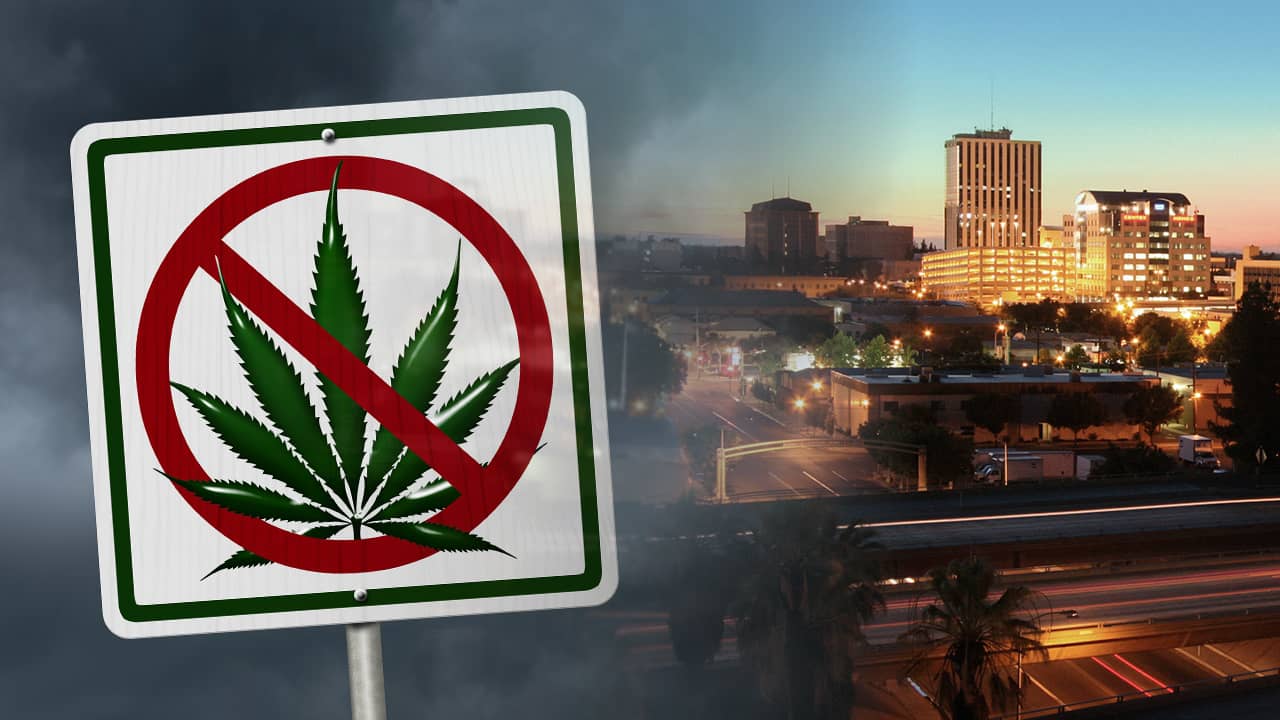 Photo combination of Fresno skyline and "No Marijuana" sign