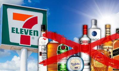 Composite illustration of a 7-Eleven and alcohol bottles