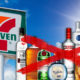 Composite illustration of a 7-Eleven and alcohol bottles
