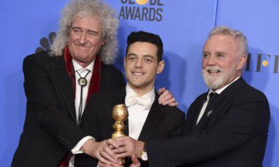 Photo of Roger Taylor, Rami Malek, and Brian May