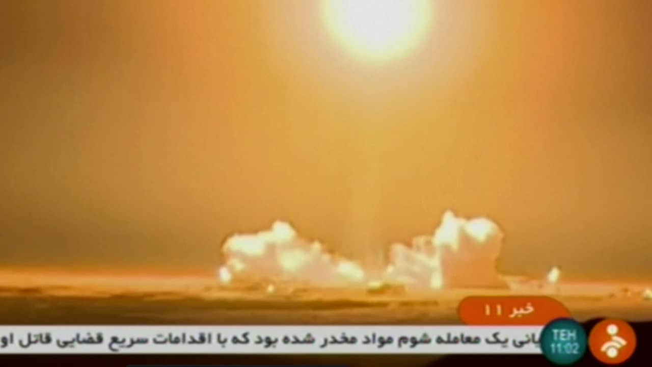 Photo of a rocket carrying a Payam satellite from an Iranian state TV screen grab