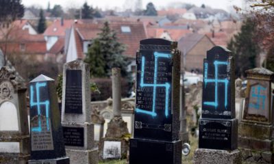 Photo of gravestones vandalized with swastikas