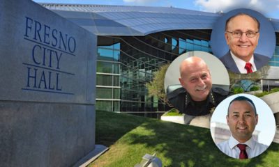 Composite illustration of Fresno City Hall and 2020 mayoral contenders Lee Brand, Jerry Dyer and Andrew Janz