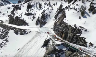 Drone video image of Tioga Pass clogged by snow