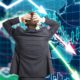 Composite photo of a worried investor starting at market returns