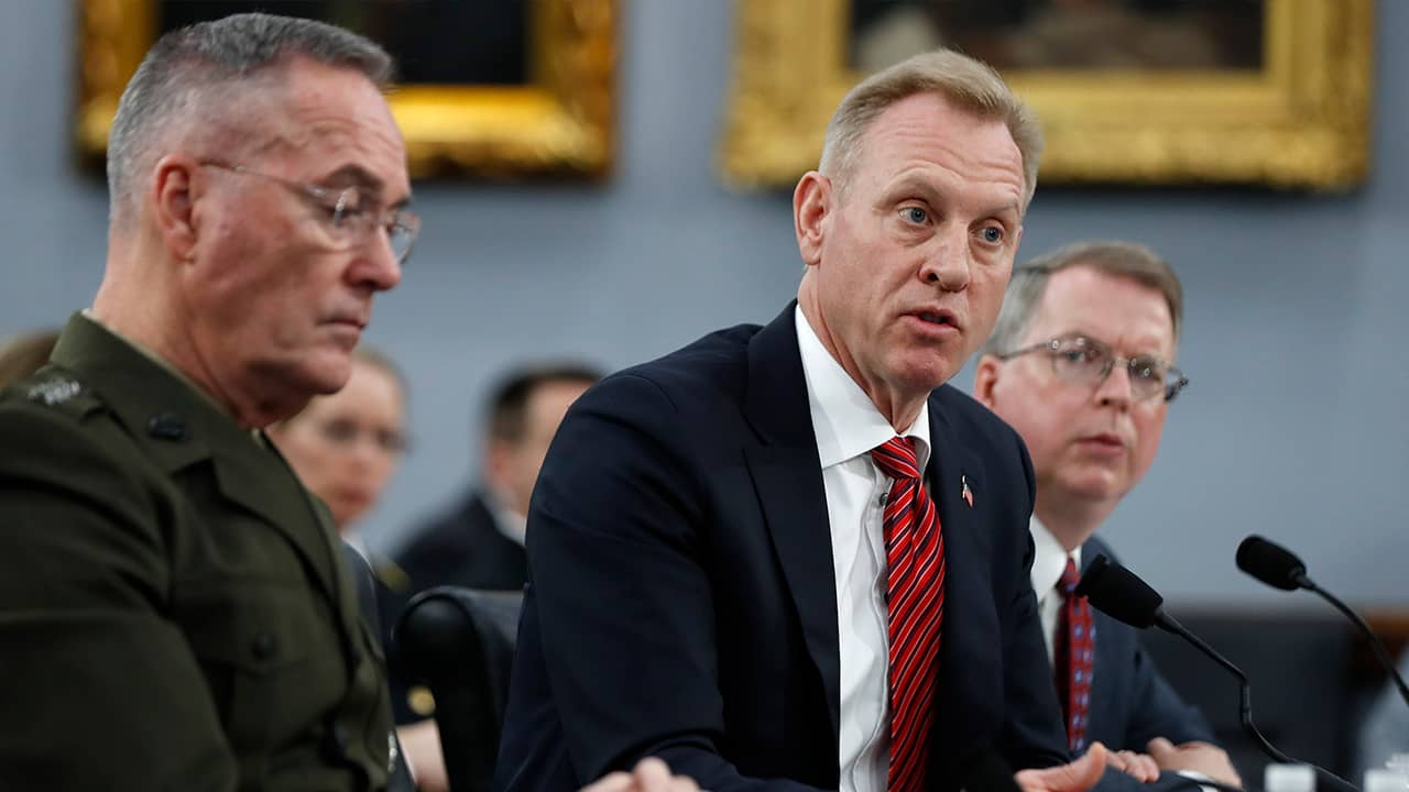 Photo of Joint Chiefs of Staff Chairman Gen. Joseph Dunford, left, Acting Defense Secretary Patrick Shanahan, and Acting Deputy Secretary of Defense David Norquist