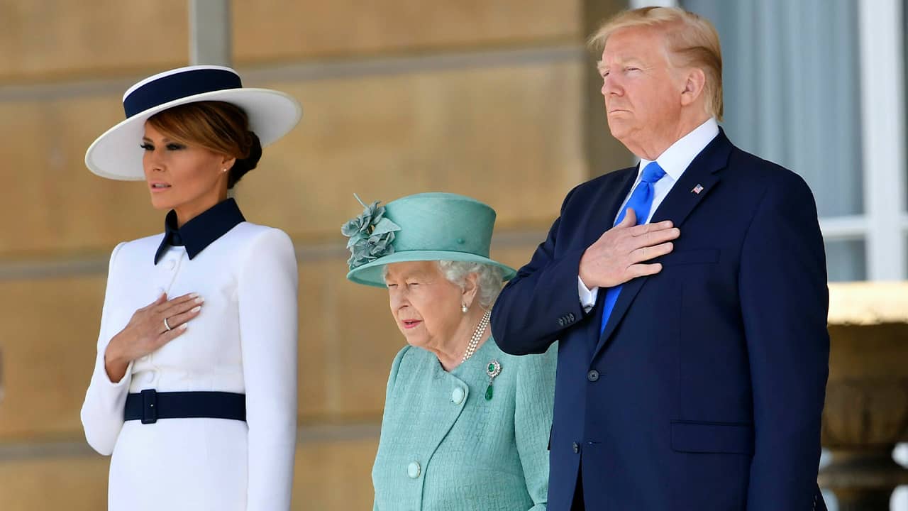Photo of President Donald Trump, First Lady Melania Trump, and Queen Elizabeth II