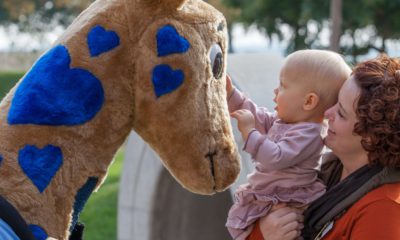 Photo of Valley Children's Hospital mascot George the giraffe and a patient