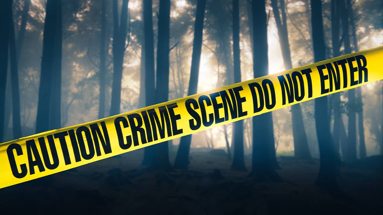 Shutterstock photo of crime scene tape in front of trees in a rural location