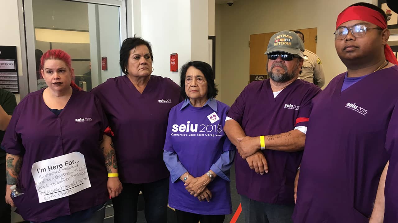 Photo of Holly Hickenbottom, Martha Valladarez, Dolores Huerta, Roberto De La Cruz and Don Meas