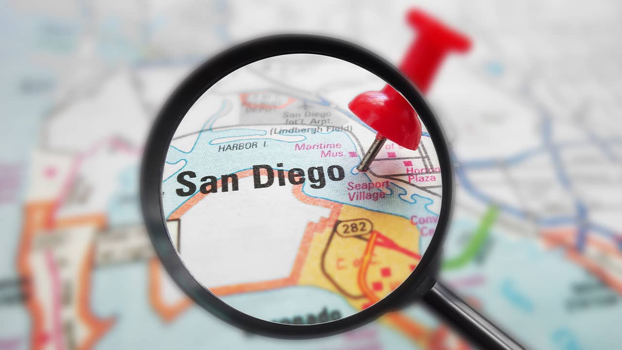 Photo of a map zoomed in on the city of San Diego, Ca.
