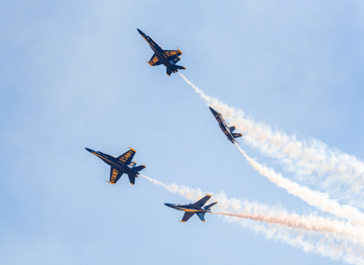 Blue Angels execute a Barrel Role Break over Mather Airport, Sacramento.