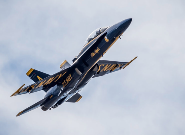 A Blue Angels F/A-18 Hornet in the skies over China Lake.