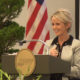 Photo of Clovis Unified superintendent Eimear O’Farrell speaking at a podium