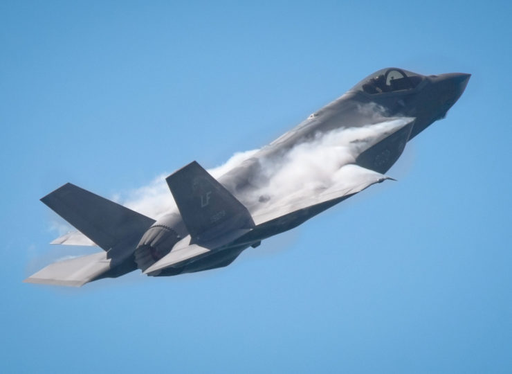 An F35 Viper Stealth Fighter making rapid climb over Huntington Beach.