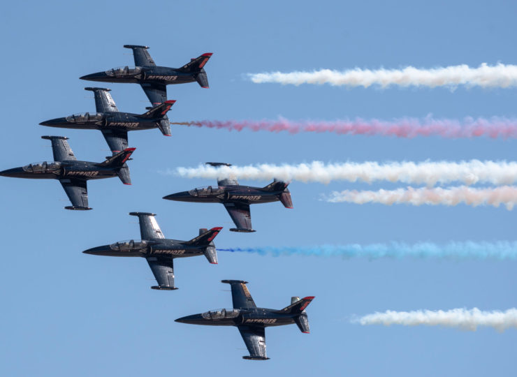 The Patriots Jet Team squadron of Aero L-39 in formation over NAS Lemoore.