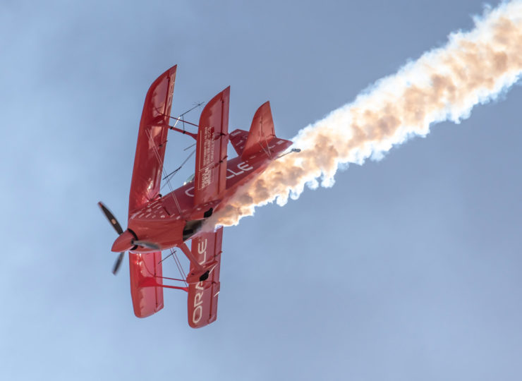 Sean D. Tucker maneuvers his aerobatic stunt bi-plane at the California Capital Airshow.
