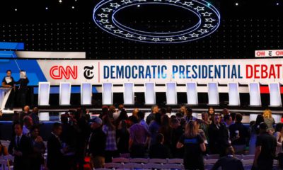 Photo of the stage being prepared for the Democratic presidential primary debate