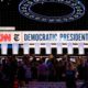Photo of the stage being prepared for the Democratic presidential primary debate