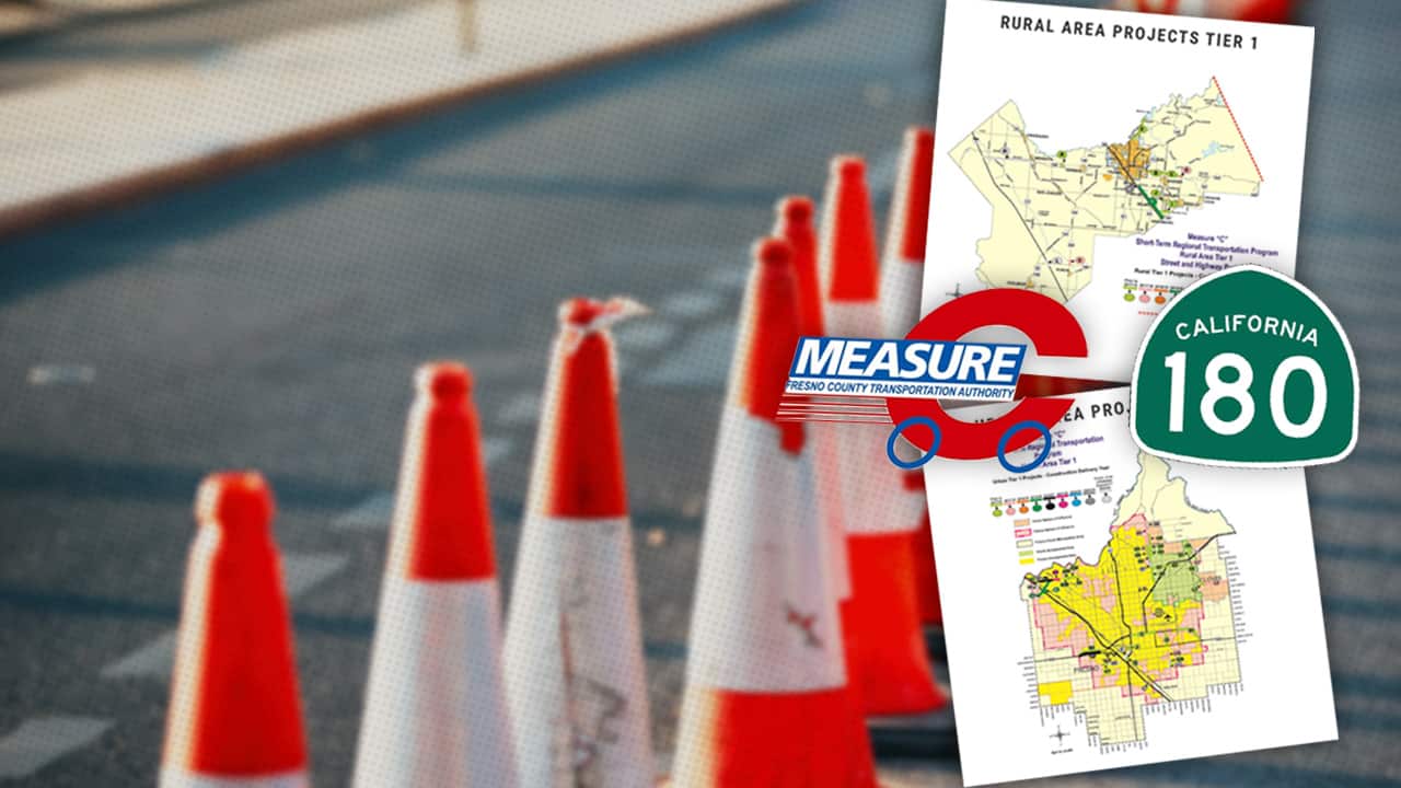 Composite image of a highway, safety cones, map, Measure C logo and Highway 180 sign symbolizing the Measure C transportation tax and