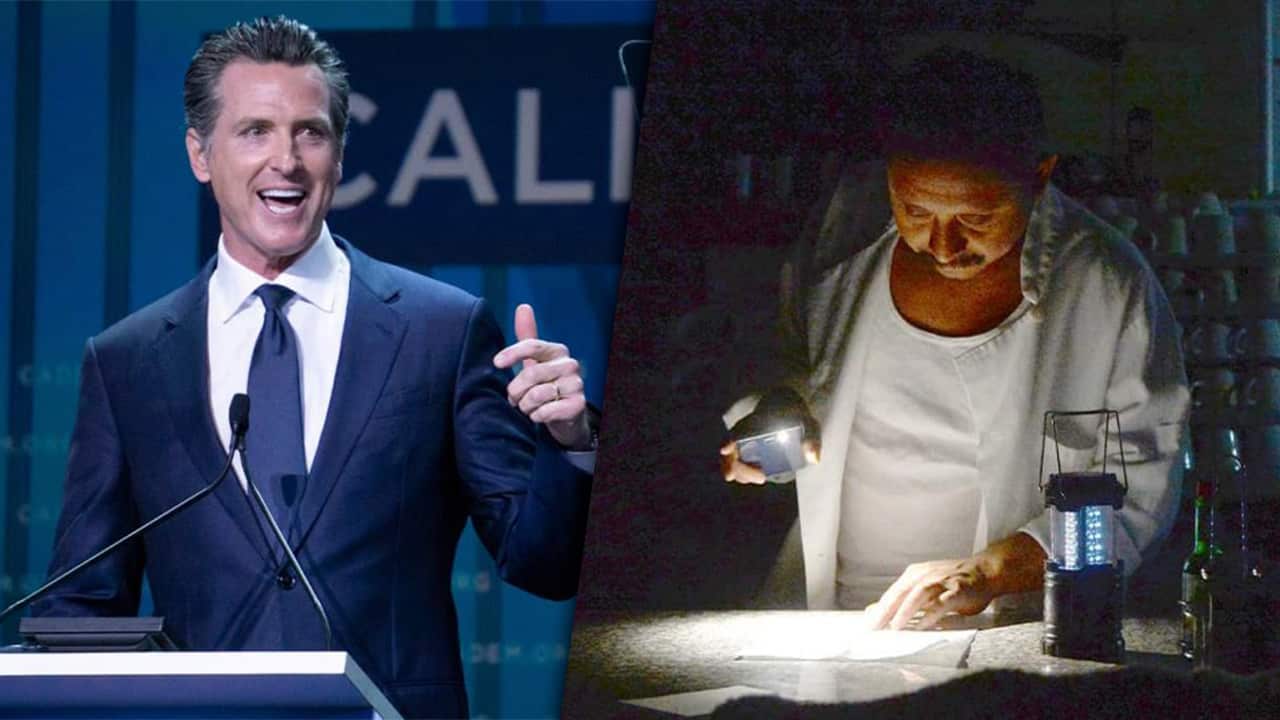Composite images of Gavin Newsom and a PG&E customer using a flashlight during a power outtage
