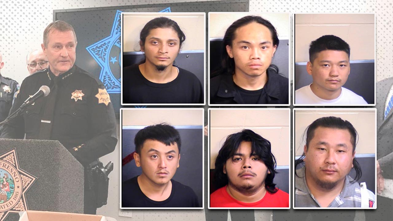 Montage of Fresno Police Chief Andy Hall and six suspects arrested in the slayings of four Hmong men