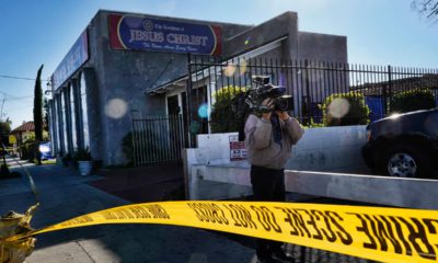 Photo of crime scene tape around the grounds of the Kingdom of Jesus Christ Church in the Van Nuys section of Los Angeles