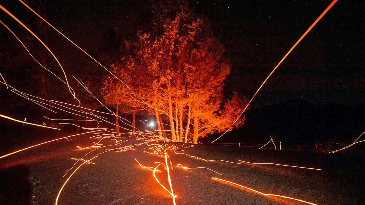 Photo of embers flying during the Kincade Fire in Calistoga, Ca.