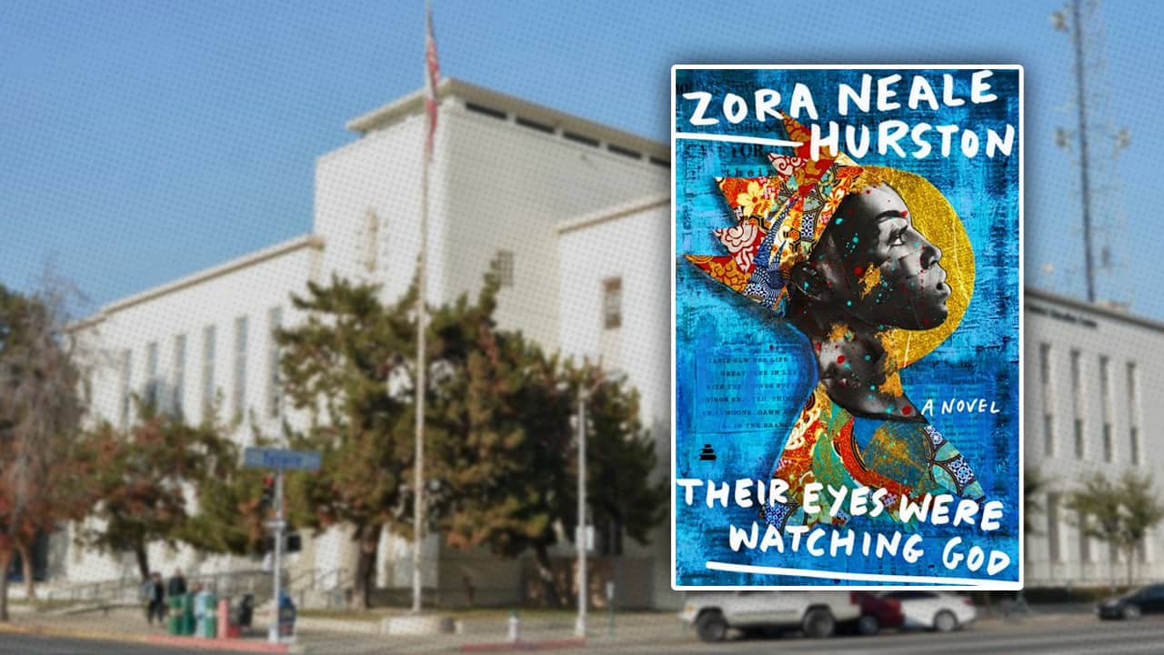 Photo of FUSD and the cover of the novel "Their Eyes Were Watching God"