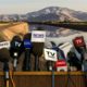 A montage of reporter microphones, a canal and a mountain symbolizing covering California water issues