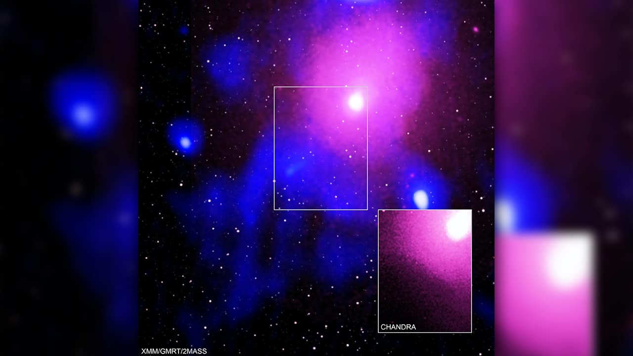 Photo of the Ophiuchus galaxy cluster viewed in a composite of X-ray, radio and infrared data