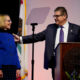 Photo of Joan Eaton with Fresno State President Joseph I. Castro