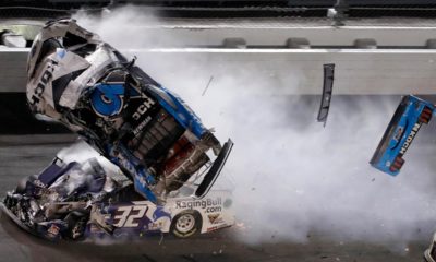 Photo of Ryan Newman (6) going airborne after crashing into Corey LaJoie (32) during the NASCAR Daytona 500