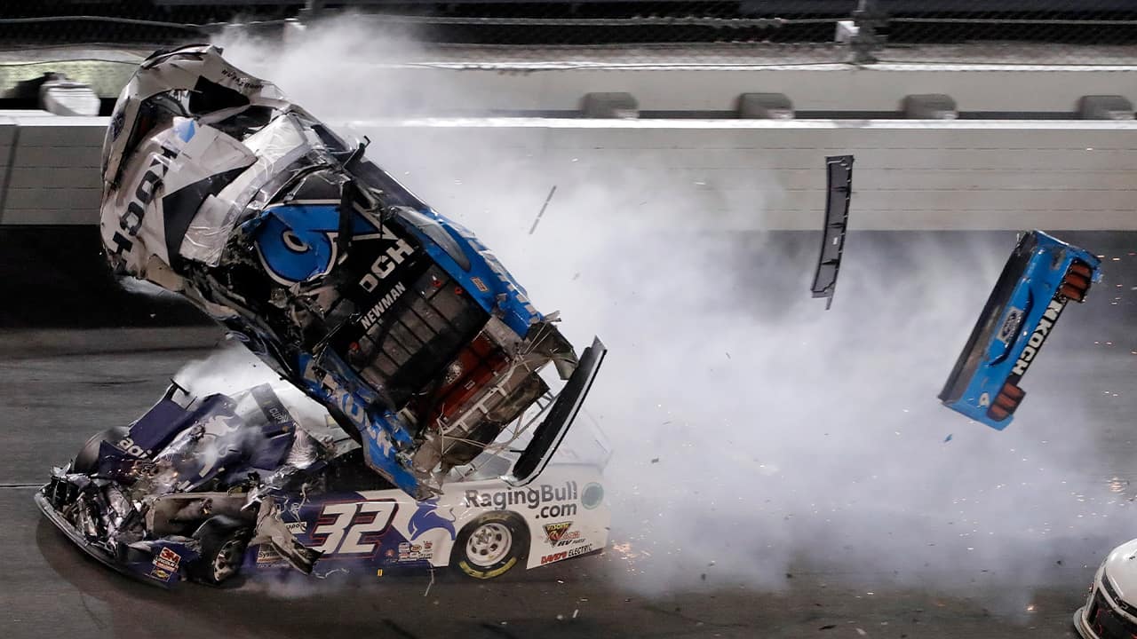 Photo of Ryan Newman (6) going airborne after crashing into Corey LaJoie (32) during the NASCAR Daytona 500
