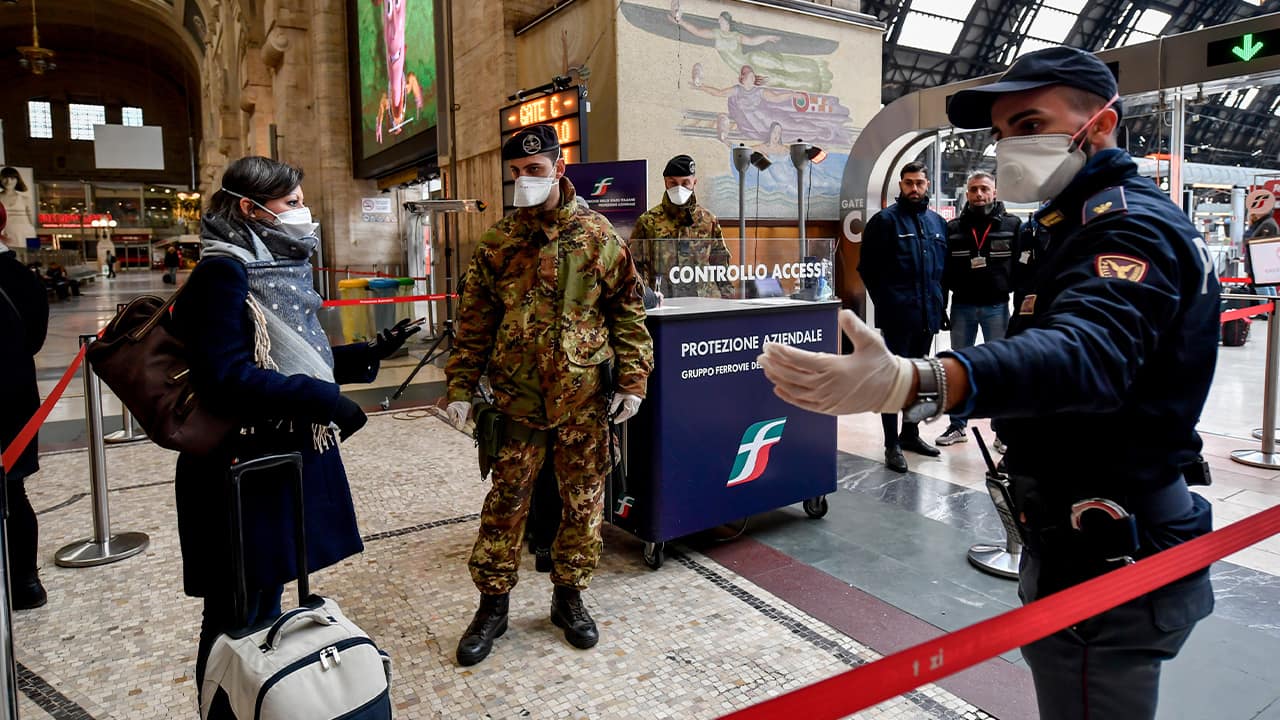 Photo of officers and soldiers checking passengers leaving from Milan main train station, Italy