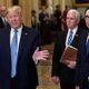Photo of President Donald Trump, left, standing with Vice President Mike Pence and Treasury Secretary Steven Mnuchin