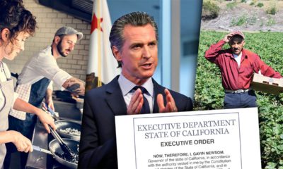 Collage image of Gov. Gavin Newsom and employees covered by his proposed executive order