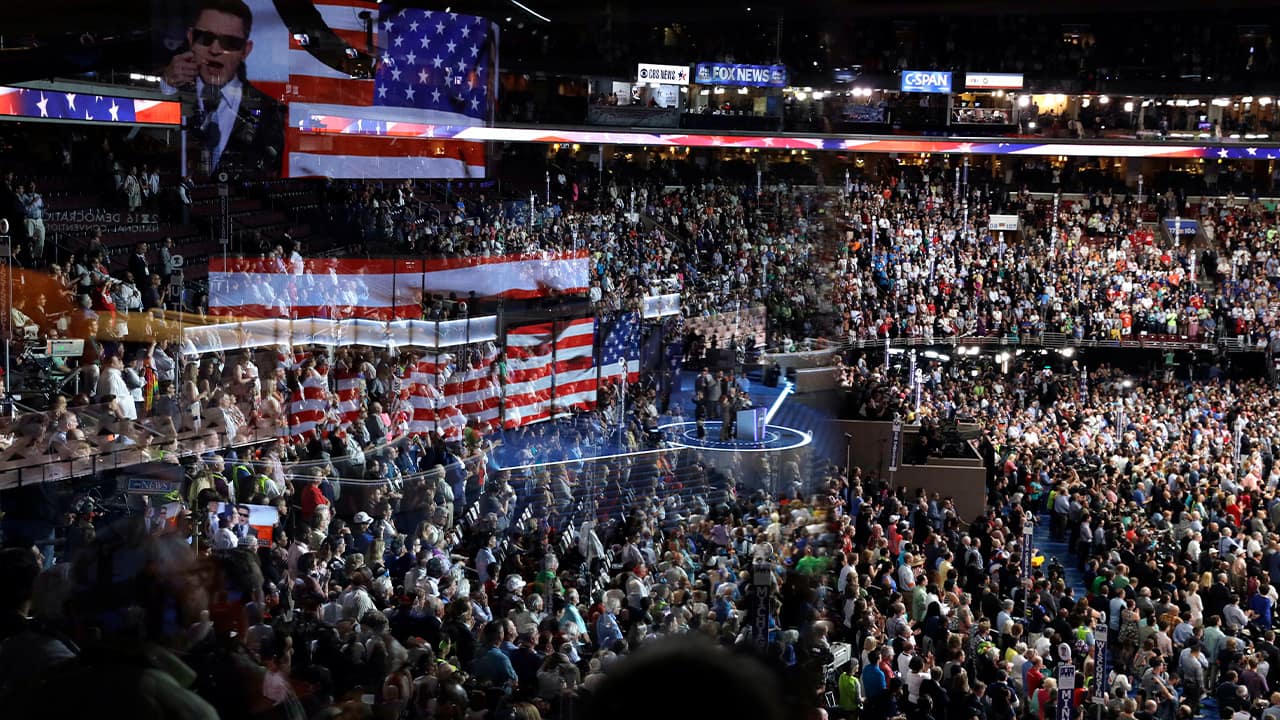 Photo of the stage at the Wells Fargo Arena before the start of the second day session of the Democratic National Convention in Philadelphia