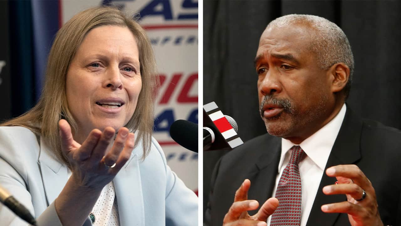 Photo of Big East Conference Commissioner Val Ackerman and Ohio State athletics director Gene Smith