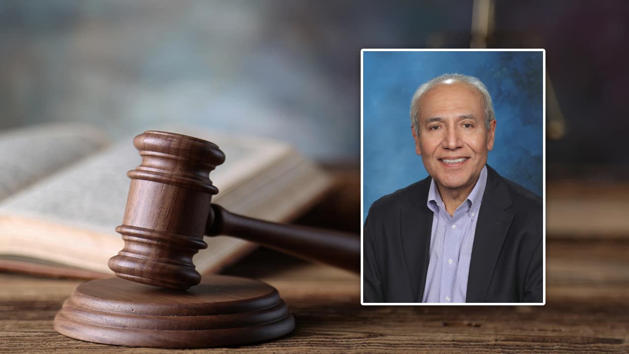 Portrait of Fresno attorney Victor Salazar set into a courtroom scene